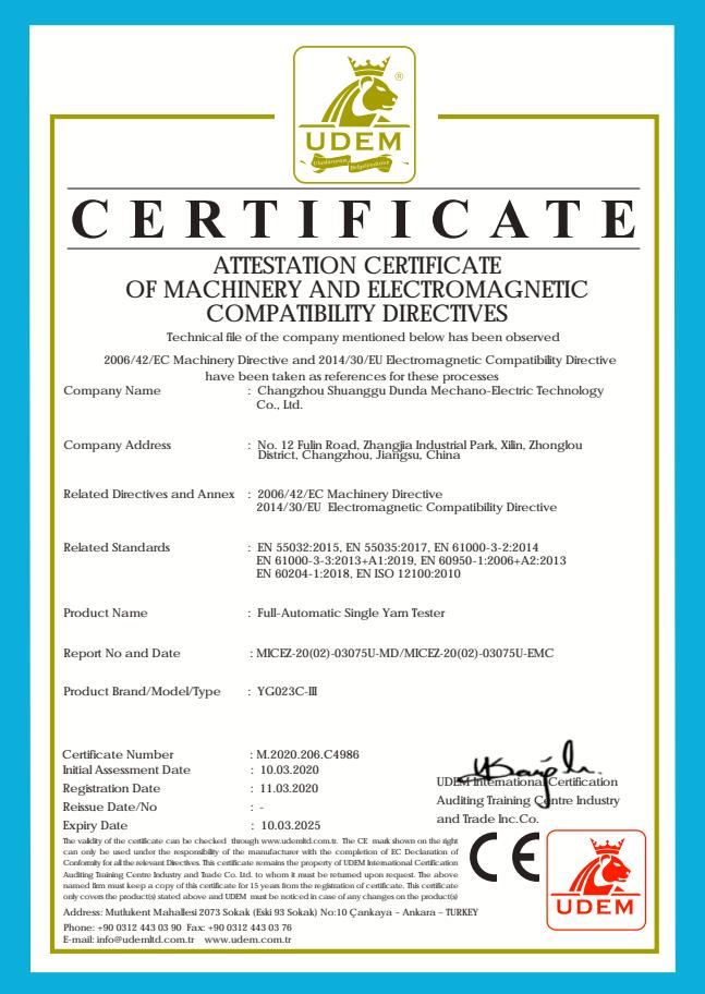 CE certificate for fully automatic single yarn strength machine