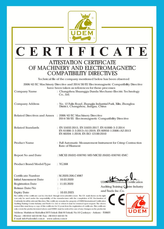 CE Certificate for Fully Automatic Shrinkage Rate Tester